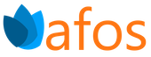 AFOS logo, three blue leafs and orange text afos.