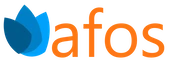 AFOS logo, three blue leafs and orange text afos.