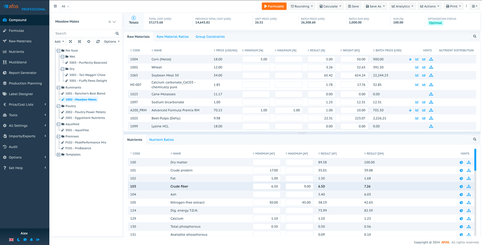 The main screen of AFOS software displays key features and navigation options for feed formulation.