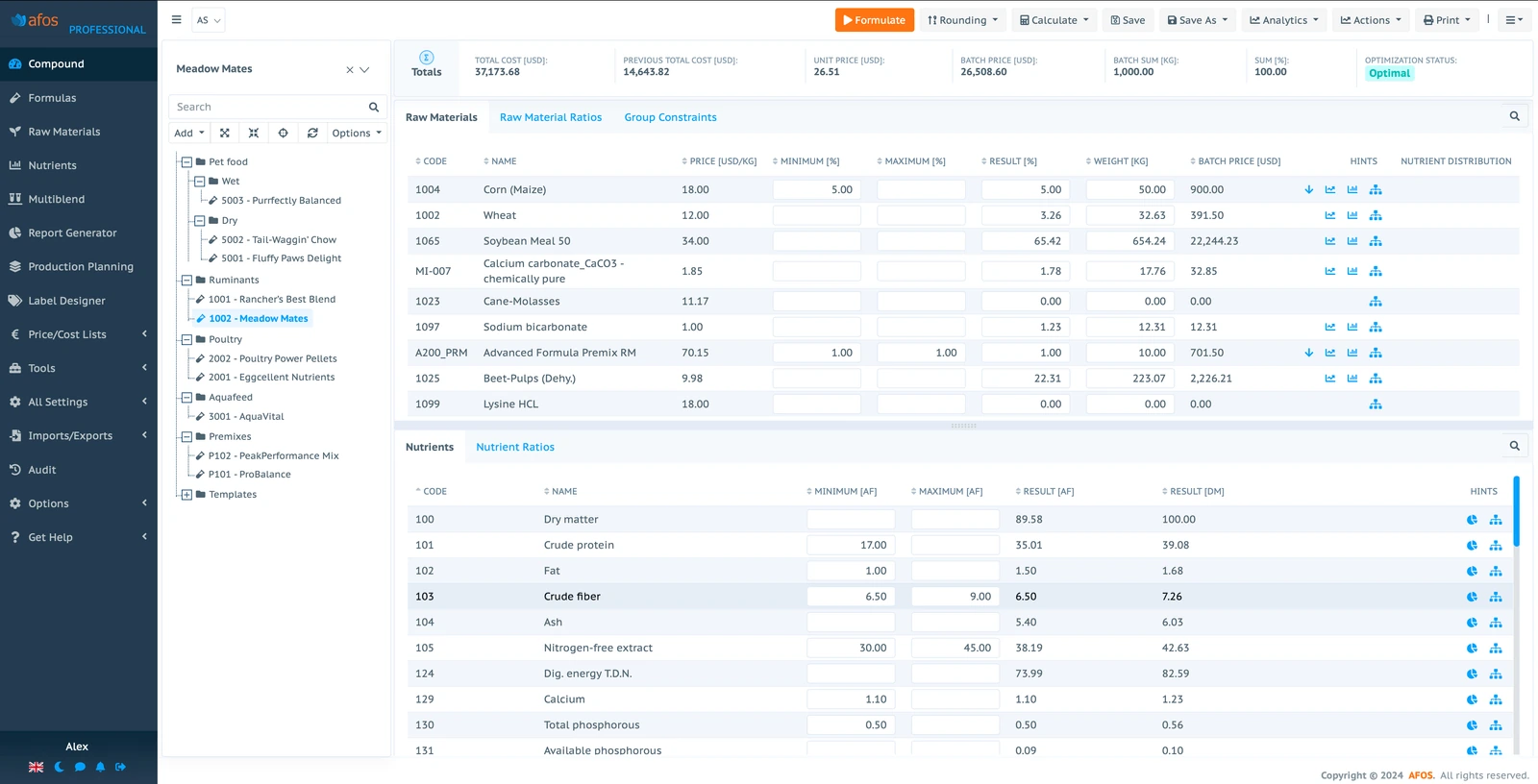 The main screen of AFOS software displays key features and navigation options for feed formulation.